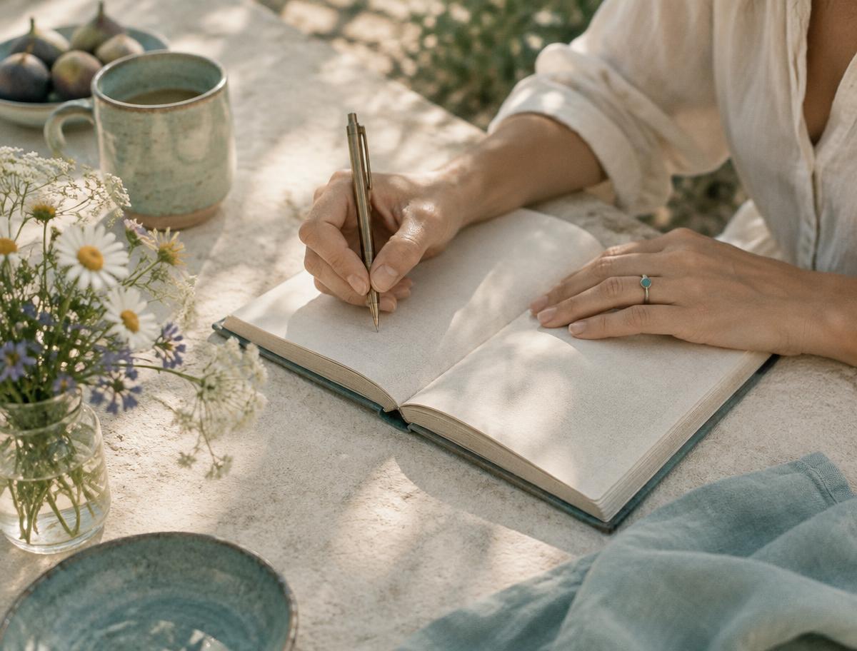 Carnet ouvert et fleurs sauvages dans une atmosphère lumineuse