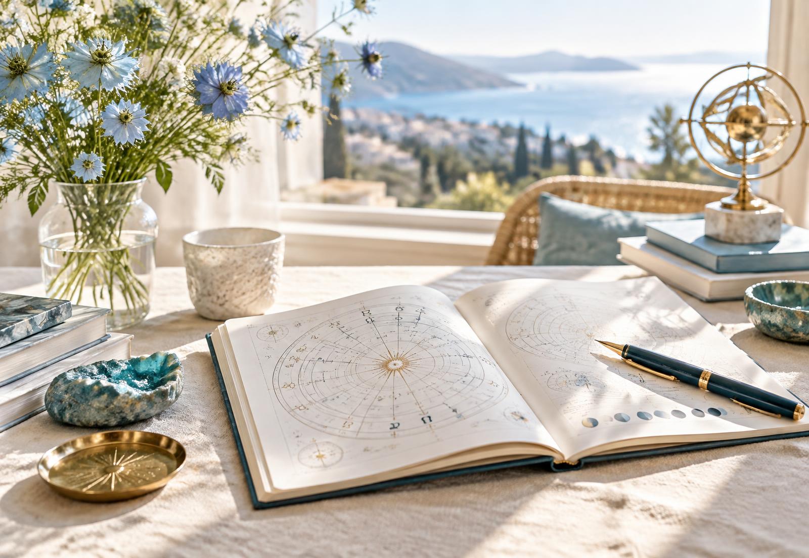 Carnet astrologique ouvert dans une lumière douce, entouré de fleurs bleues